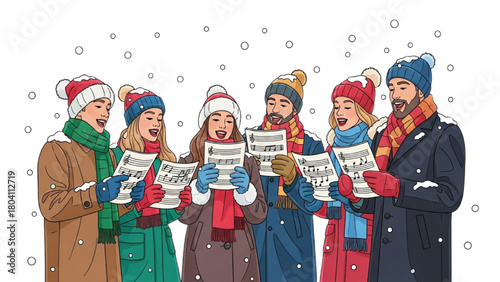 High-quality black outline colorful art of five people singing Christmas carols outdoors in winter clothing with snow, festive illustration