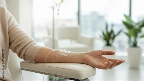 A woman receives intravenous IV drip therapy in a modern wellness clinic. Close-up on patient's arm with a catheter during a vitamin infusion treatment. Healthcare and recovery concept