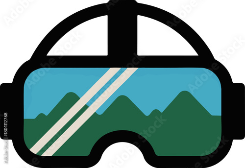 Virtual reality headset displaying a mountain landscape scene