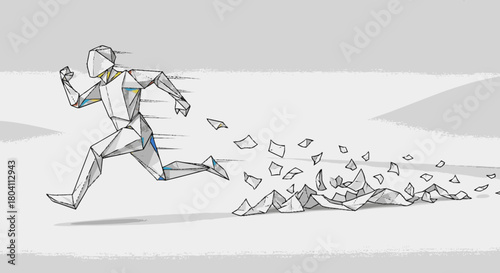 Conceptual sketch of a geometric human figure running and disintegrating.