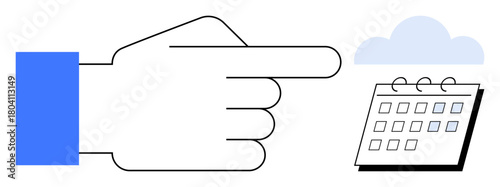 Hand gesture toward a calendar under a cloud, symbolizing digital scheduling, time management, and planning. Ideal for productivity, organization, teamwork, cloud storage, remote work technology