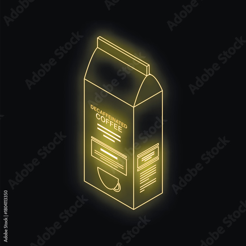 Isometric view of glowing neon yellow decaffeinated coffee carton package with cup image on black background