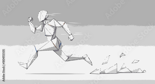 Dynamic sketch of a geometric human figure running fast.