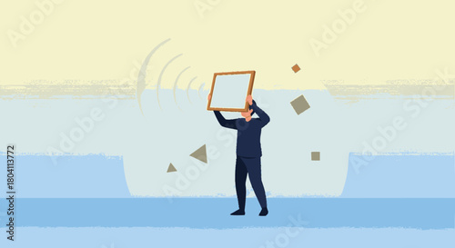 Faceless businessman in a dark suit holding up a blank empty frame.