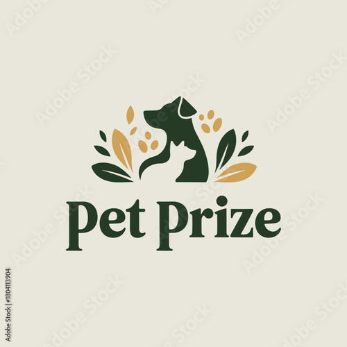 Pet Prize Logo Dog and Cat Silhouette with Leaves and Paw Prints Nature Pet Care Vector