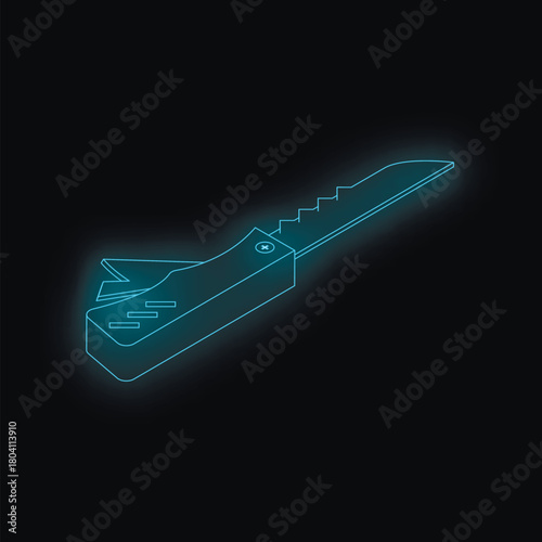 Neon blue isometric multi tool features a knife, saw, and pliers, ideal for futuristic or technology concepts