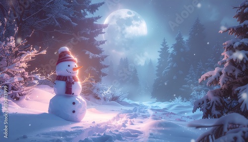 Enchanting winter scene with a merry christmas snowman, snow-covered trees, and a glowing full moon, perfect for holiday greetings