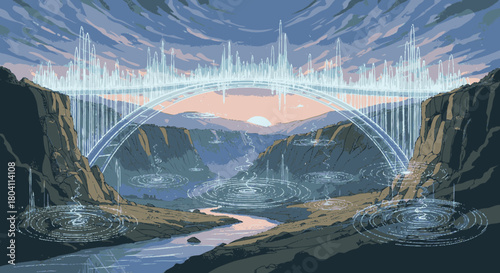 Futuristic glowing bridge spanning a vast canyon.