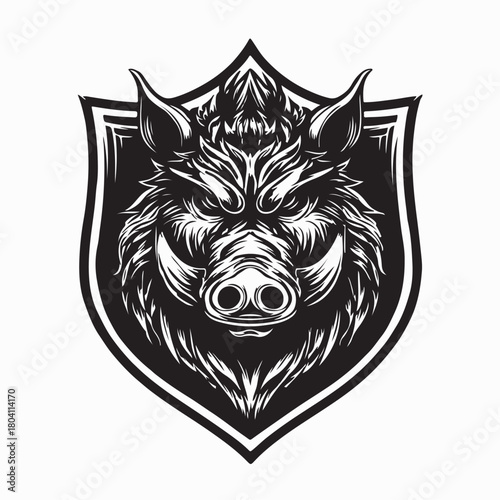 Wild Pig Razorback Head Shield Simple Logo Vector on white background