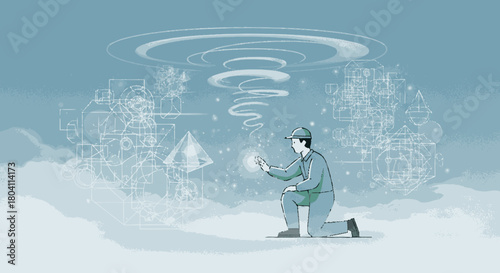 Futuristic man wearing VR goggles interacting with a holographic data interface.