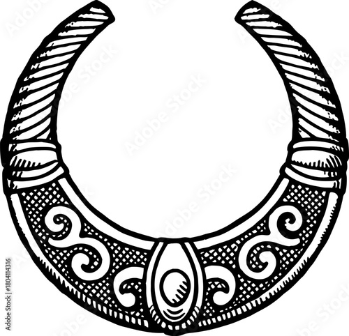 Ancient torc necklace illustration celtic jewelry, ornate metalwork, antique tribal symbolic artifact design