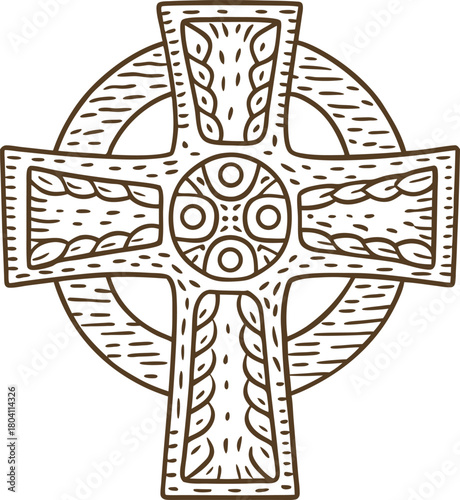 Celtic cross symbol with intricate woven knot patterns religious ancient icon, medieval decorative illustration