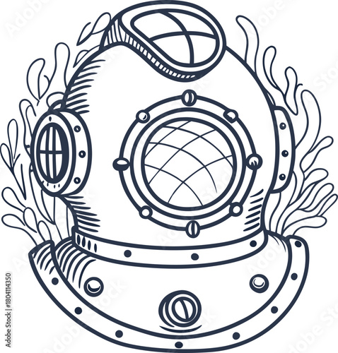Vintage deep sea diving helmet illustration with aquatic plants nautical marine adventure and exploration concept