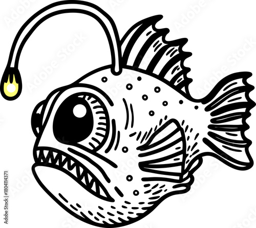 Anglerfish illustration with glowing lure deep sea predator with large teeth, aquatic animal drawing