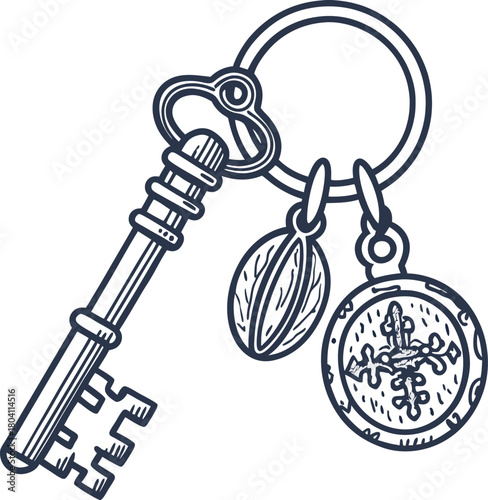 Vintage skeleton key with round keyring and decorative charms, antique illustration for security concept