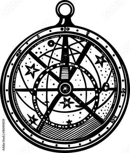 Celestial astrolabe illustration with constellations and stars vintage antique navigation tool outline