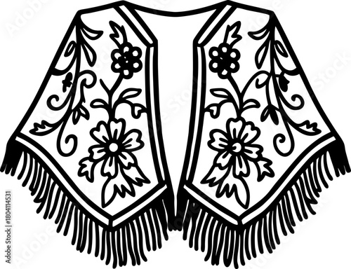 Embroidered floral shawl with fringe, traditional decorative garment design, vintage accessory illustration