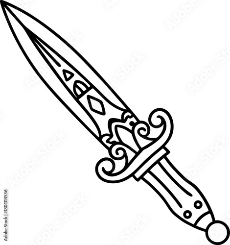 Ornate dagger illustration intricate decorative blade with detailed handle, ancient weapon concept, black line art