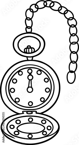 vintage pocket watch illustration showing midnight, round clock face with open lid and decorative chain