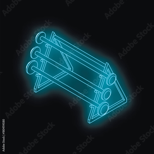 Three glowing dumbbells are neatly arranged on a rack, ready for a workout, viewed in isometric projection against a dark background