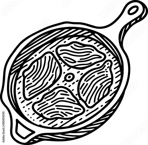 Grilled meat pieces in rustic skillet hand drawn illustration, black and white contour, traditional cooking concept