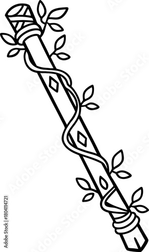 Enchanted magic wand with nature vines fantasy stick wrapped in leafy stem, wizardry spell casting tool