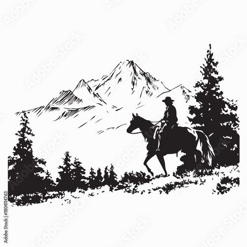 Mountain Trail Horse Riding Silhouette Illustration on white background