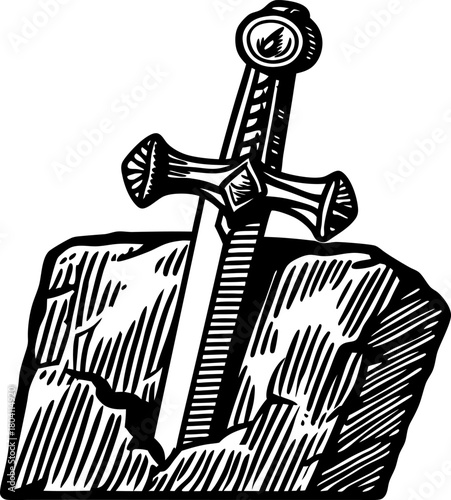 legendary sword in stone, medieval symbol of heroism, destiny and ancient fantasy quest illustration