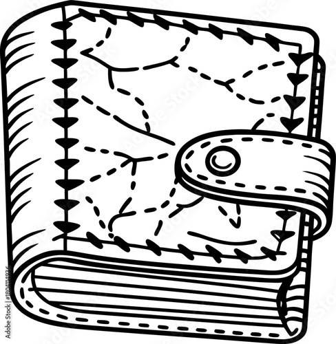 Handmade stitched leather wallet with button closure, hand drawn outline illustration, accessory design