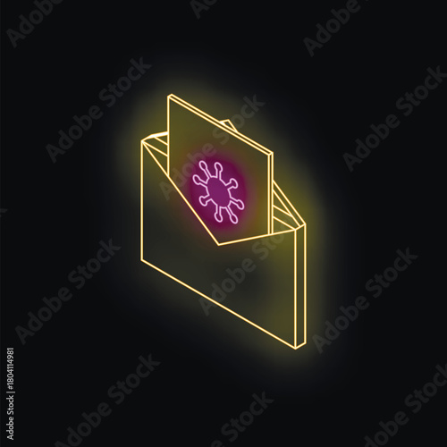 Glowing neon envelope containing virus news, representing spread of misinformation or phishing attempts related to pandemic