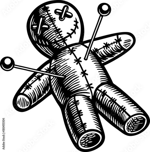 Hand drawn voodoo doll with stitches and pins supernatural magic figure, mystical occult concept illustration