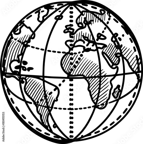 Hand drawn globe illustration with continents and latitude longitude lines black outline world map sketch on white background