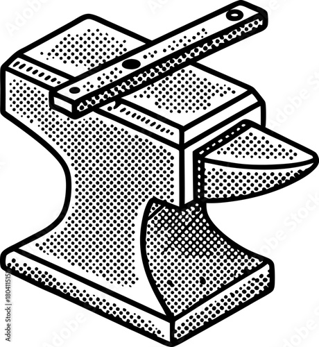 Vintage blacksmith anvil illustration with dotted shading and measuring ruler on top, retro workshop tool design