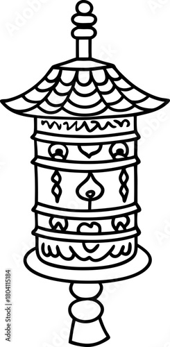 Traditional asian pagoda shaped incense burner with intricate roof details and ornamental patterns, line art illustration