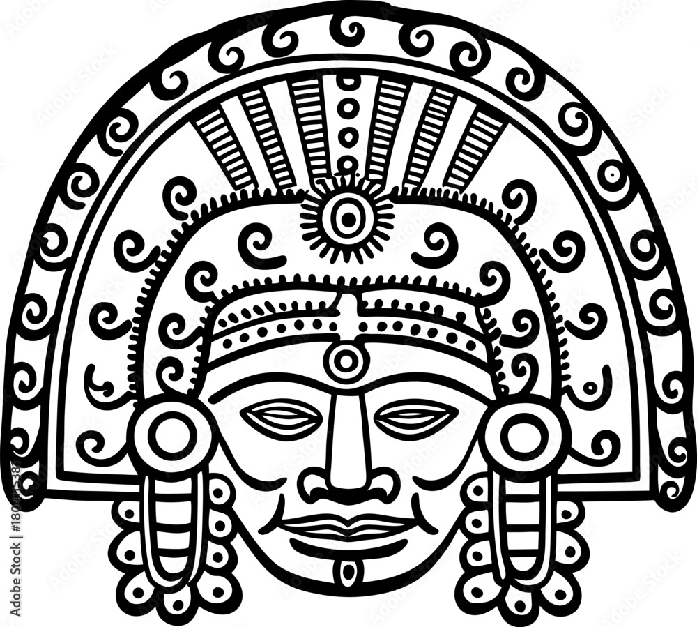 Obraz premium Intricate aztec inspired mask illustration ancient tribal face, ornamental headdress, indigenous art line drawing