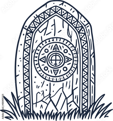 Ancient rune stone with circular symbol and tribal patterns, overgrown with grass and cracked surface illustration