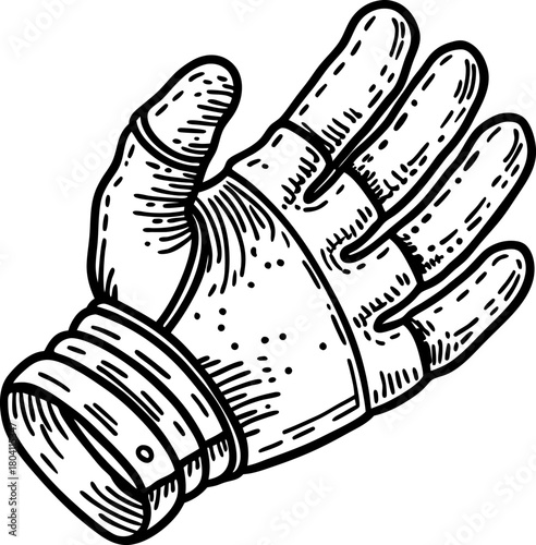 Vintage astronaut glove illustration retro space suit equipment, black and white drawing, scientific technology detail