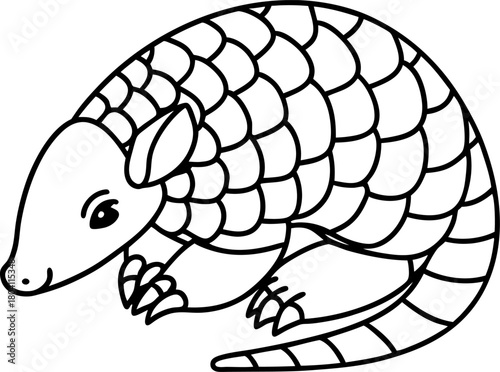 pangolin illustration endangered scaly mammal curled up wildlife conservation, animal outline drawing, coloring page