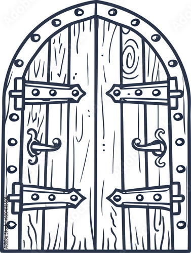 Medieval wooden door with iron hinges and arch vintage rustic entrance, historic old architecture element