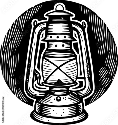 Vintage kerosene lantern illustration hand drawn antique lamp, rustic camping equipment, black and white retro