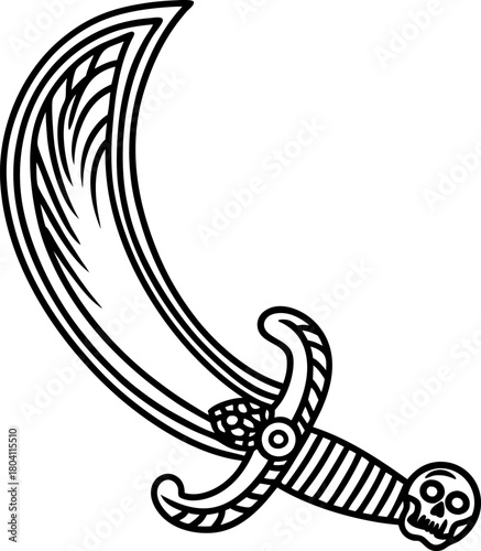 Curved pirate sword with skull shaped handle, detailed outline illustration vintage fantasy weapon, adventure symbol