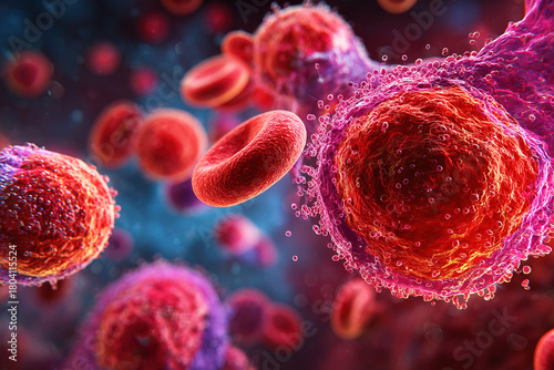 Detailed view of hemoglobins and erythrocytes in blood cells under microscopic observation