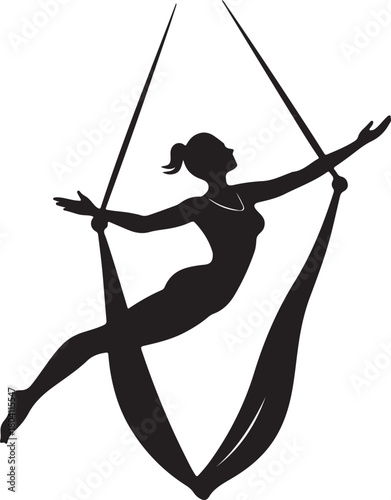 Aerial yoga pose, black silhouette of a woman suspended in a silk hammock