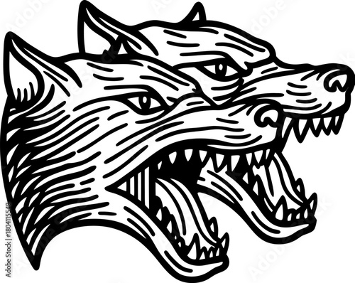 Two headed wolf illustration aggressive snarling animal, black and white line art symbol with open jaws