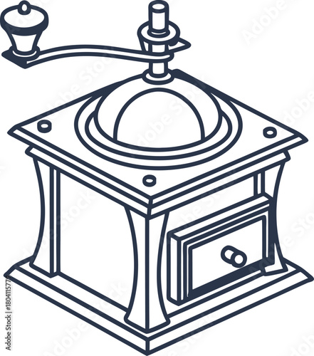 Vintage manual coffee grinder outline illustration classic hand crank mill, retro kitchen appliance tool