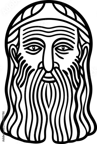 Ancient wise man face illustration monochrome linear portrait, old philosopher, mythical sage with long beard