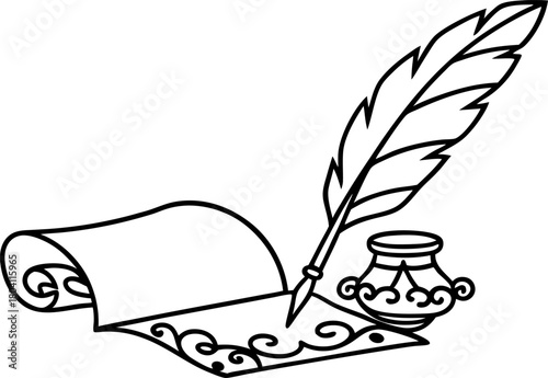 quill and ink bottle with ornate parchment classic writing instrument, vintage literature, creative calligraphy art