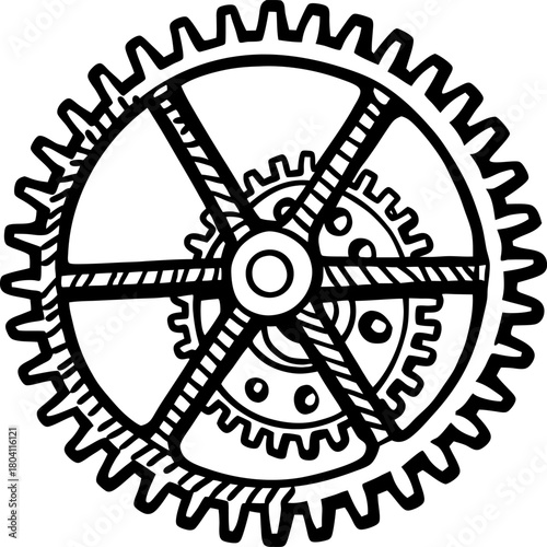 Intricate mechanical gears interlocked in a circular arrangement, precision engineering mechanism, industrial design concept