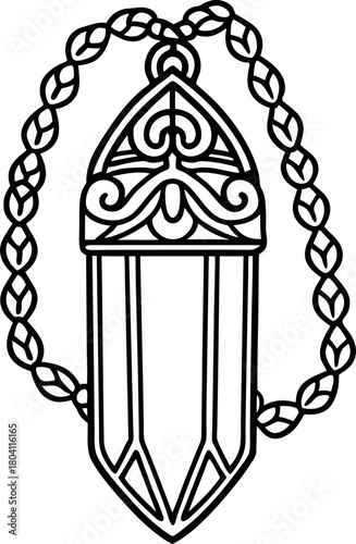 Ornate crystal pendant necklace geometric gemstone charm with intricate chain, elegant line art illustration