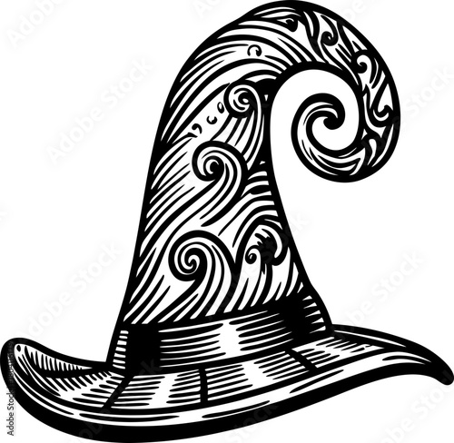 Curled wizard hat illustration decorative vintage witch accessory with ornate swirling patterns, fantasy costume outfit